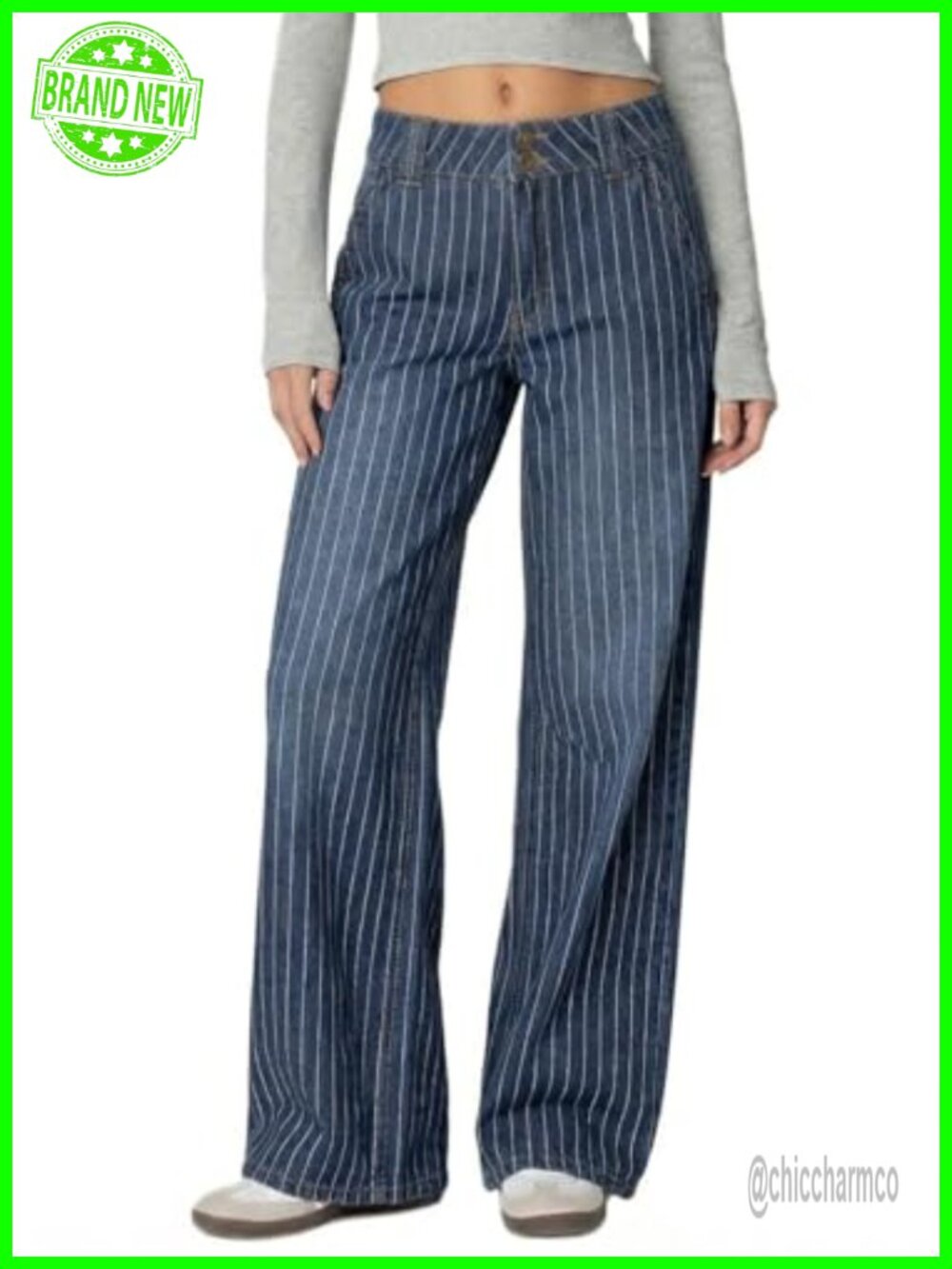 Women's Mid Rise Striped Baggy Barrel Jeans Wide Leg No Stretch Denim Pants